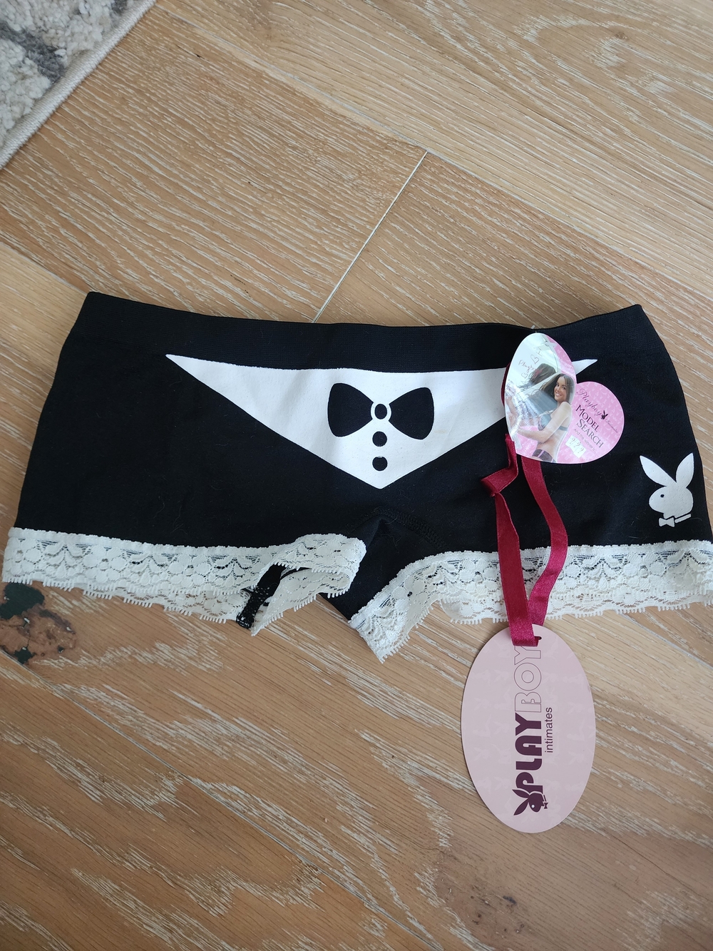 NWT Vintage Playboy Black Tuxedo-Print Lace Trim Boyshorts Panties Sz M